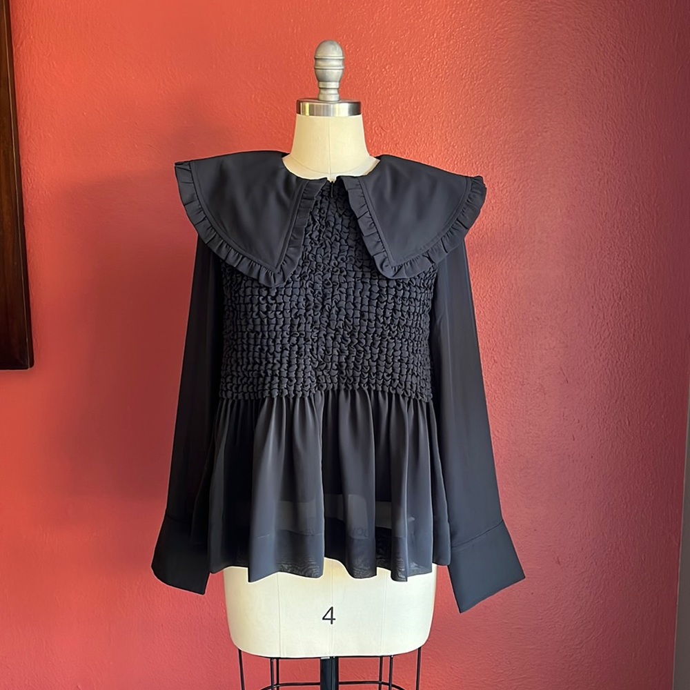 NWT Ganni Ruffle Collar Smocked Chiffon Black 36